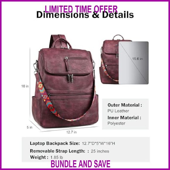 Leather Laptop Backpack for Women, 15.6 Inch, 12 Pockets, Travel & Work - Picture 3 of 7